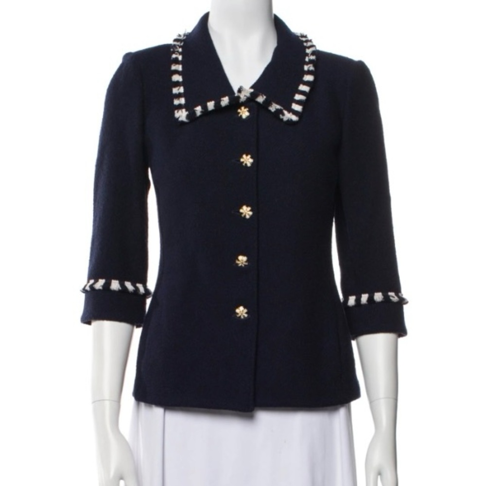St. John Collection Knit Fringe Button Short Sleeve Blazer